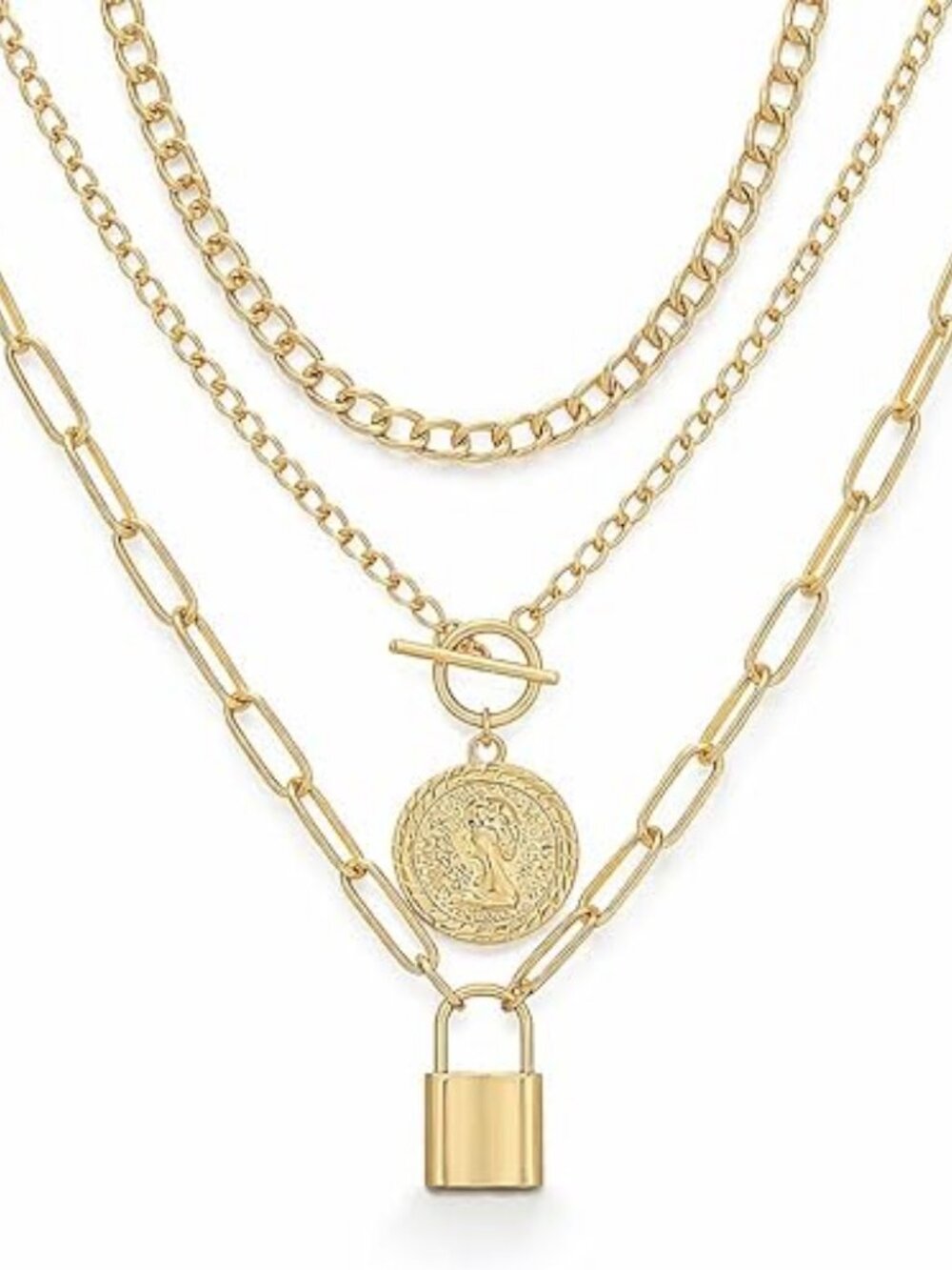 Vintage Gold Layered Necklace Set for Women | Chunky Cuban Link Paperclip Chain - Picture 5 of 6